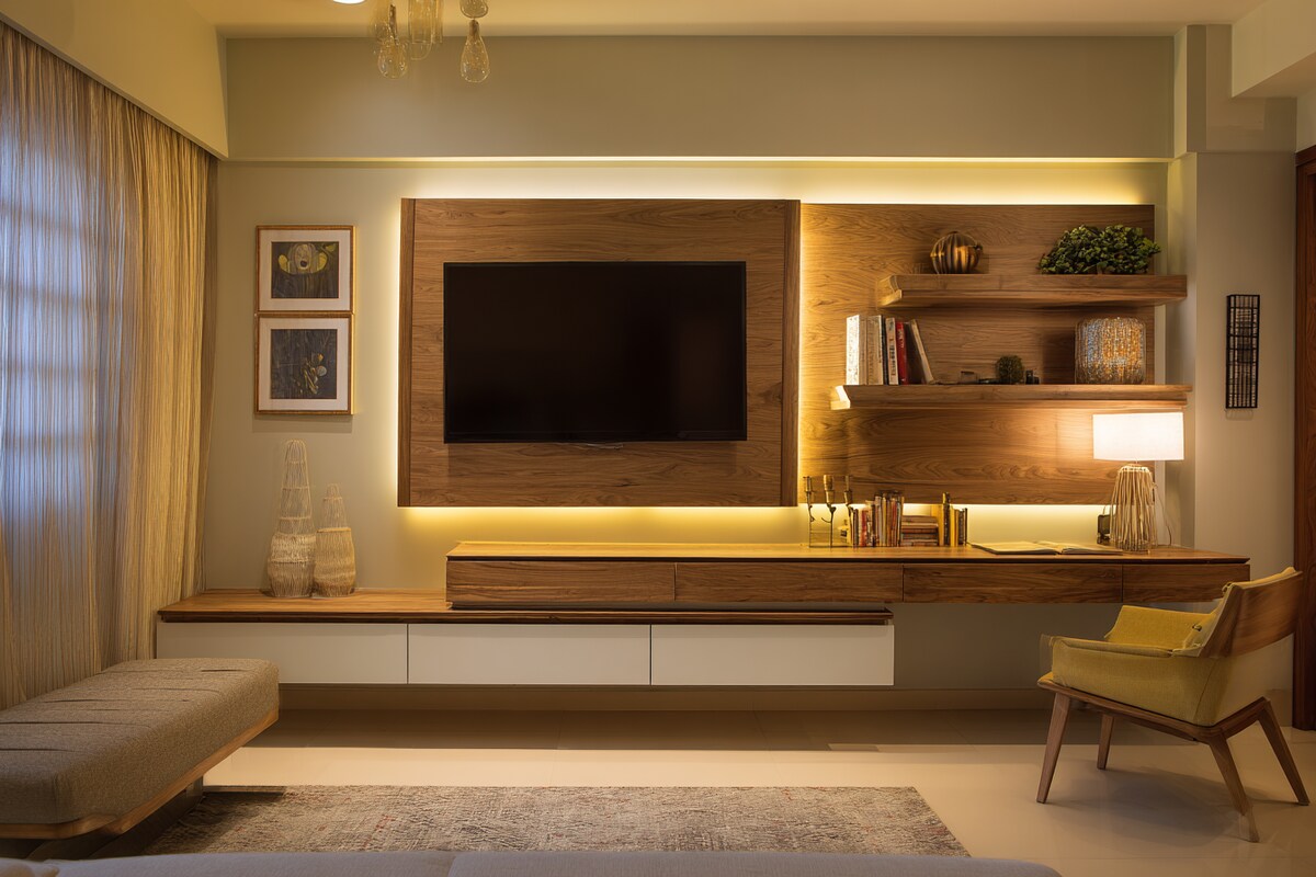Modern TV Accent Wall featuring Champagne Gold Metal Profile Accents #15
